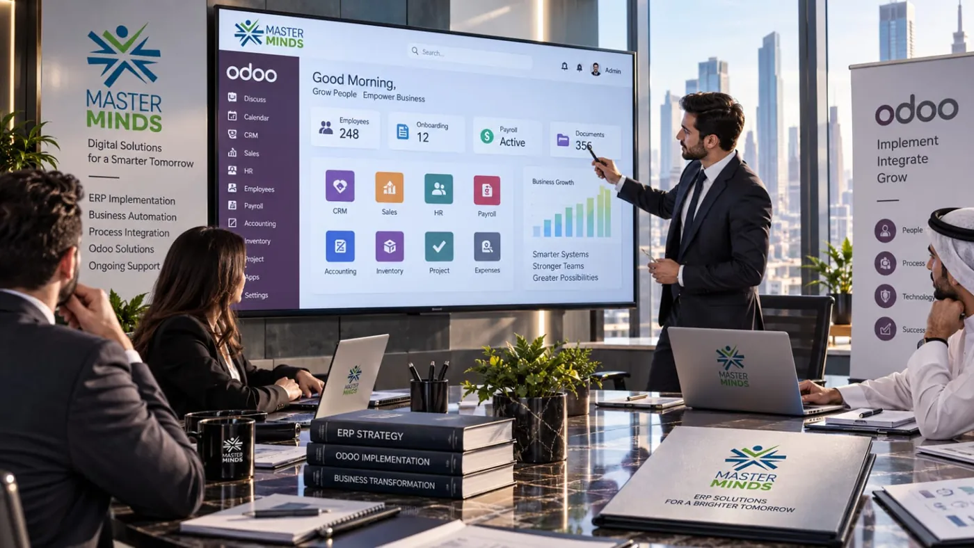 A consultant presenting an Odoo dashboard to a client team