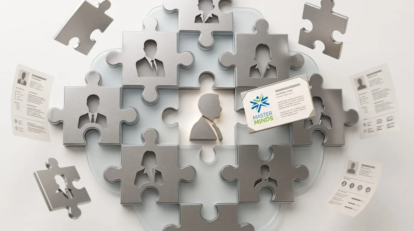 Puzzle pieces carrying candidate profiles, fitted into place